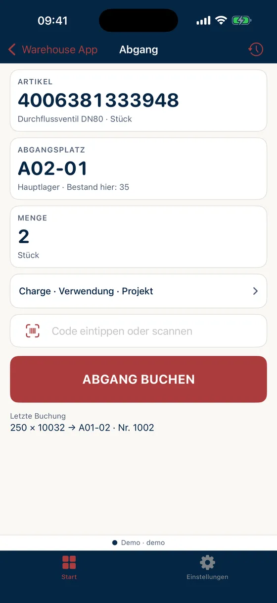 Abgangsmaske: Artikel per EAN erkannt, am Abgangsplatz steht der aktuelle Bestand, darunter der Knopf „Abgang buchen“