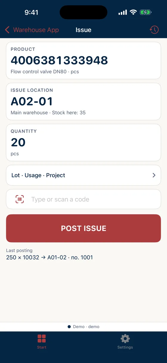 Issue mask: article recognised by EAN, the current stock shown at the issue location, the “Post issue” button below