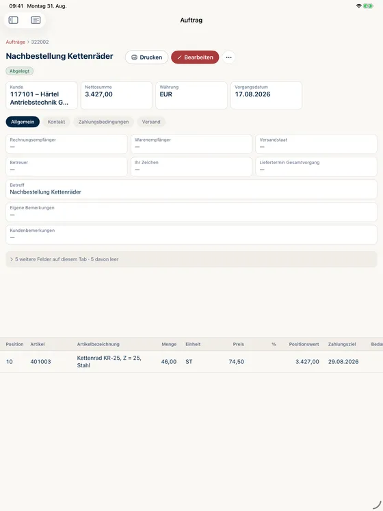 Auftrag 322002 „Nachbestellung Kettenräder“ mit dem Merker „Abgelegt“ und einer Nettosumme von 3.427,00 EUR, darunter die einzelne Position über 46 Kettenräder