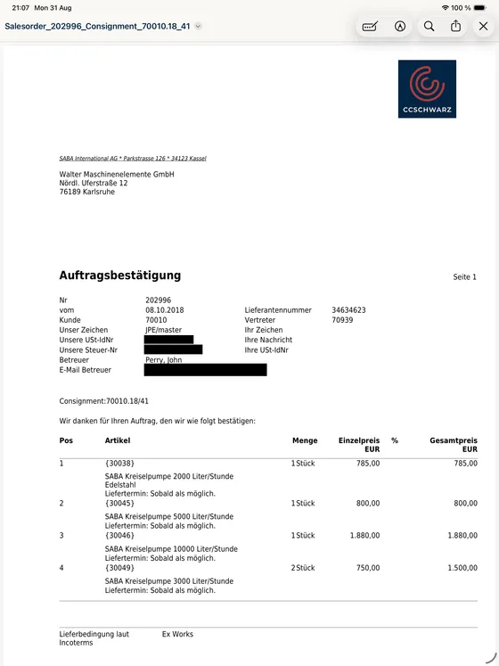 Gedruckte Auftragsbestätigung 202996, auf dem Gerät im PDF-Betrachter geöffnet: Briefkopf mit Absender und Empfänger, darunter Belegkopf und vier Positionen Kreiselpumpen mit Menge, Einzel- und Gesamtpreis. Steuernummern und die E-Mail-Adresse des Betreuers sind geschwärzt.