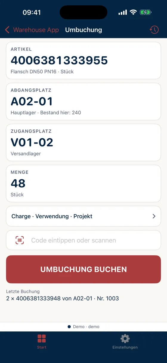 Umbuchung eines Flansches vom Hauptlager ins Versandlager mit Abgangsplatz, Zugangsplatz und Menge 48