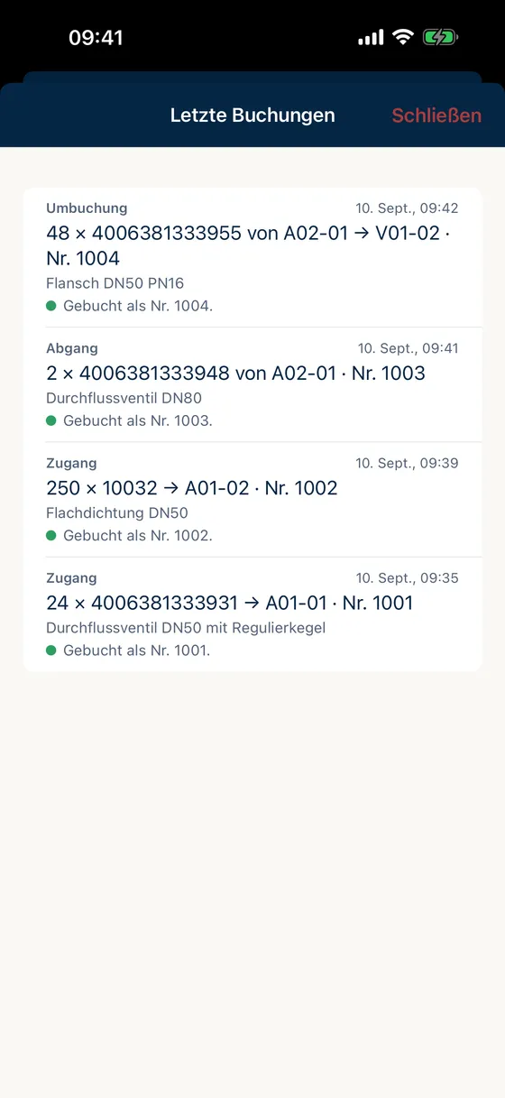 Protokoll der letzten Buchungen des Geräts mit Buchungsart, Menge, Platz, Zeitpunkt und Abas-Identnummer