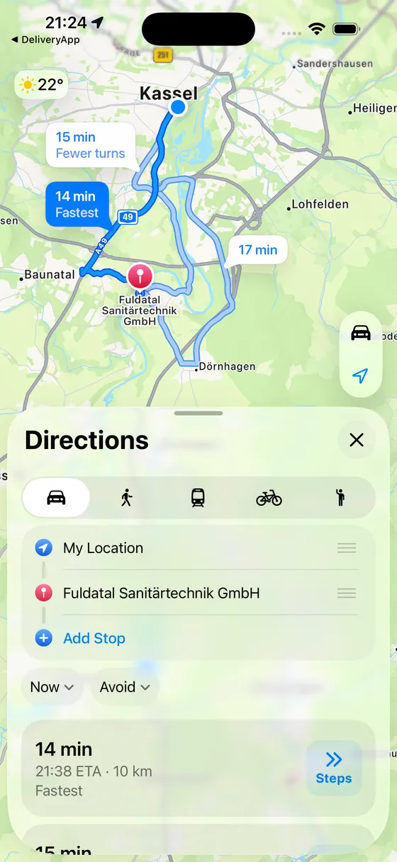 Handing a stop over to Apple Maps: route to the customer with travel time and three alternatives