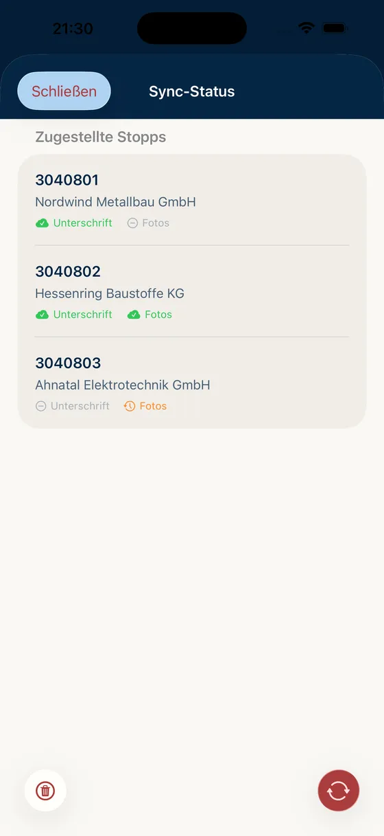 Sync-Status der zugestellten Stopps: je Lieferschein ist erkennbar, ob Unterschrift und Fotos übertragen sind